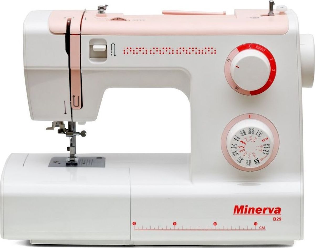 Minerva B29 швейная машинаM-MB29 Minerva B29 швейная машинаM-MB29Minerva B29 - электромеханическая швейная машина, очень удобная и легкая в работе. Она выполняет 29 швейных операций (строчки для обработки трикотажных изделий, усиленные строчки, есть выбор отделочных строчек и др.). Для выбора швейных операций присутствует удобный диск. Данная швейная машина относится к машинам с двойной регулировкой, т.е. на панели присутствует диск для регулировки натяжения верхней нити и диск для регулировки длины строчки. Ширина зиг-зага выставляется автоматически в зависимости от выбранной Вами швейной операции. Вы также можете осуществлять работу двойной иглой. Петля обрабатывается в автоматическом режиме.Данная модель имеет автоматический нитевдеватель, реверс, рукав-консоль и позволяет осуществить быструю замену лапок.Купить швейную машину Minerva B29 значит приобрести надежного помощника, который будет помогать Вам в пошиве и ремонте одежды.