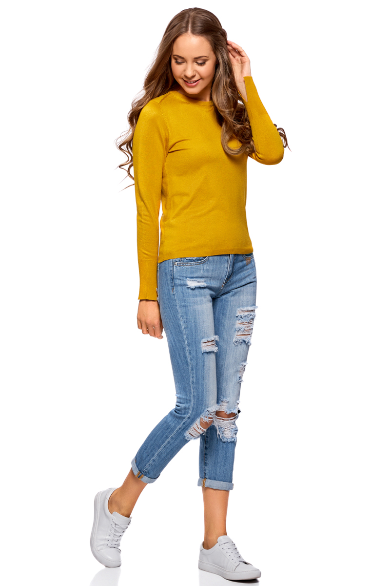 Джемпер женский oodji Collection, цвет: желтый. 73812659-1B/45641/5200N. Размер S (44)73812659-1B/45641/5200N Джемпер женский oodji Collection, цвет: желтый. 73812659-1B/45641/5200N. Размер S (44)73812659-1B/45641/5200NЖенский джемпер от oodji выполнен из вискозной пряжи с добавлением полиамида. Модель с длинными рукавами и круглым вырезом горловины. Манжеты на рукавах дополнены разрезами.