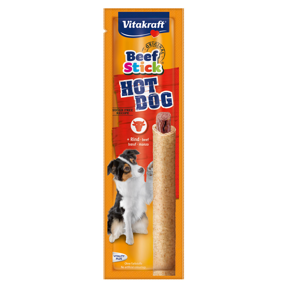 Лакомство для собак Vitakraft Beef-Stick Hot Dog, 30 г23414 Лакомство для собак Vitakraft Beef-Stick Hot Dog, 30 г23414Лакомство для собак Vitakraft Beef-Stick Hot Dog - это натуральная мясная колбаска, без консервантов, красящих веществ и искусственных усилителей вкуса. Используется в качестве дополнения к основному корму и для поощрения при дрессировке.Состав: злаки, мясо и мясные субпродукты (говядина 32%, мышечное мясо 40%), минералы, продукты растительного происхождения. Анализ состав: 22% влажность, 20% протеин, 13,2% жир, 1% клетчатка, 5% зола. Витамины: А 4800 МЕ, Д3 480 МЕ. Товар сертифицирован.