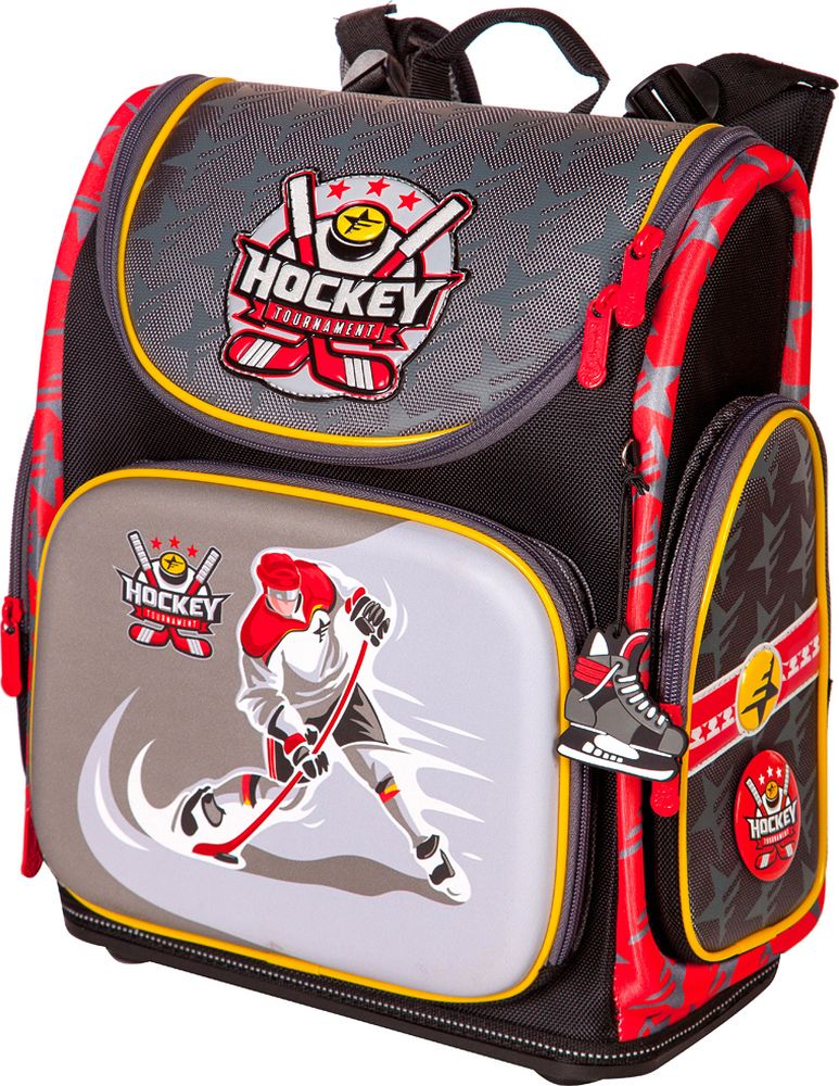 Hummingbird Ранец школьный Hockey с наполнением 1 предметNK17 Hummingbird Ранец школьный Hockey с наполнением 1 предметNK17Школьный ранец Hummingbird имеет рельефную ортопедическую спинку с каналами для циркуляции воздуха и сетчатой мембраной (дышащая система, повторяющая контуры спины) и систему регулировки лямок по высоте крепления ERGO system. Ранец оснащен поясной поддержкой для удобной и правильной фиксации. Ранец имеет эргономичную обтекаемую форму. Материал ранца обладает водоотталкивающими свойствами, повышенной износостойкостью, легко моется и чистится.Изделие имеет одно основное отделение на молнии (куда легко помещается папка для труда). Внутри основного отделения расположены перегородки для комфортного размещения тетрадей и учебников. Также ранец имеет три удобных кармана - два боковых для мелких предметов и один передний. В переднем кармане расположен многофункциональный органайзер. Он включает в себя карман для мобильного телефона, сетчатый карман для мелочей, отделения для ручек и карандашей, подвеску для ключей.Дно ранца оригинальной конструкции выполнено из специального высокопрочного пластика с логотипом Hummingbird. Оно устойчиво на горизонтальной поверхности, защищает ранец от загрязнений, легко протирается влажной тряпкой.На лямках, боковых поверхностях и крышке ранца расположены светоотражающие элементы.В комплект к ранцу входит удобный мешок для обуви со специальной сеткой для проветривания.