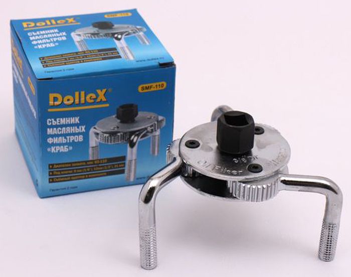 Съемник масляного фильтра DolleX КрабSMF-110 Съемник масляного фильтра DolleX КрабSMF-110Съемник масляных фильтров краб применяется для снятия корпусных масляных фильтров легковых автомобилей диаметром 65-110 мм. Диапазон захвата, мм: 65-110ммПод ключи 9мм (3/8), 12мм (1/2) и 21мм.Съемный адаптер в комплекте.