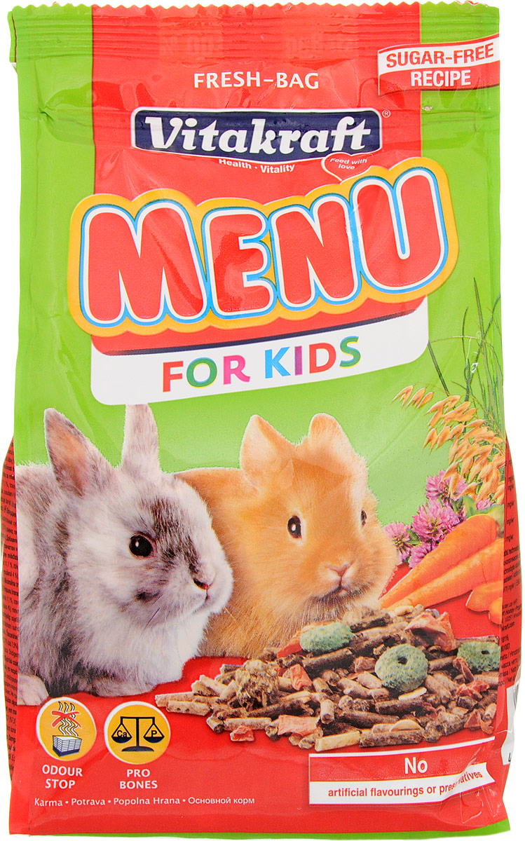 Корм для молодых кроликов Vitakraft Menu Kids, 500 г18116 Корм для молодых кроликов Vitakraft Menu Kids, 500 г18116Корм Vitakraft Menu Kids специально разработан для обеспечения правильного питания детенышей карликовых кроликов, начиная с 3 недели жизни. Он содержит все необходимые питательные вещества, сбалансированный набор витаминов и минералов с легко усваиваемыми злаками. Также в состав входит хрустящая морковка и богатая балластными веществами люцерна. Товар сертифицирован.