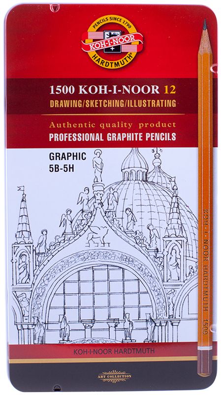 Koh-I-Noor Набор чернографитных карандашей 1500 Graphic 12 шт1502012009PL Koh-I-Noor Набор чернографитных карандашей 1500 Graphic 12 шт1502012009PLПрофессиональные высококачественные чернографитные карандаши из дерева от всемирно известного канцелярского гиганта Koh-i-Noor. Подходят для чертежных и оформительских работ. Карандаши предварительно заточены. Карандаш Koh-I-Noor 1500 - это традиционный продукт, который выпускается компанией уже более 120 лет без всяких изменений в дизайне, в традиционном желтом корпусе, который стал визитной карточкой Koh-I-Noor.