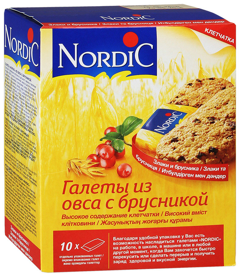 Nordic галета из овса с брусникой, 30 г6411200104230 Nordic галета из овса с брусникой, 30 г6411200104230Вкусный полезный перекус, традиционный овсяный продукт (печенье из овса) по особой здоровой, полезной, финской рецептуре. Не очень сладкий продукт, не содержит молока и яиц. Удобная упаковка и все преимущества цельного зерна и овсяной каши в одной галете.