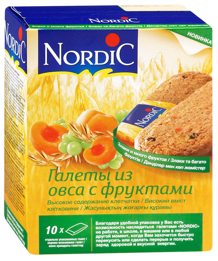 Nordic галета из овса с фруктами, 300 г6411200106746 Nordic галета из овса с фруктами, 300 г6411200106746Вкусный полезный перекус, традиционный овсяный продукт (печенье из овса) по особой здоровой, полезной, финской рецептуре. Не очень сладкий продукт, не содержит молока и яиц. Удобная упаковка и все преимущества цельного зерна и овсяной каши в одной галете.