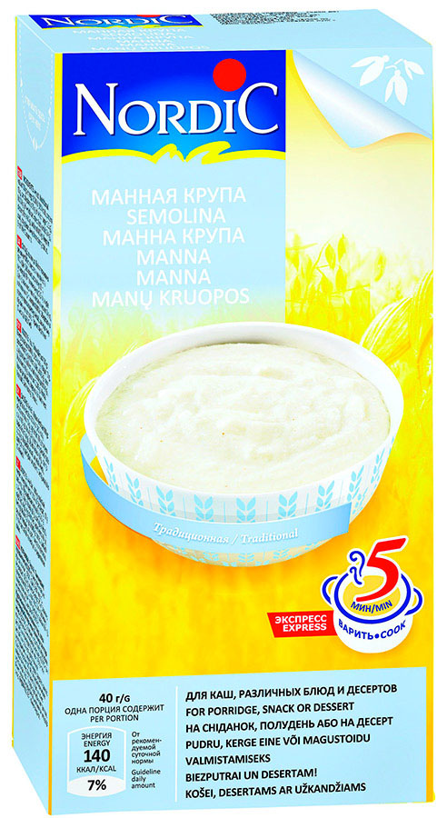 Nordic манная крупа, 550 гбмр010 Nordic манная крупа, 550 гбмр010Традиционная манная крупа Nordic производится из отборных твердых сортов пшеницы крупного помола. Из всех круп манка - самый богатый источник углеводов, она легко переваривается и усваивается организмом почти на 100%. В ней много белка, содержится калий и железо, витамины В1, В2, В6, РР, Е, клетчатка и другие минеральные вещества. Манная крупа прекрасно действует на пищеварение. Благодаря высокой калорийности она занимает одно из основных мест в детском питании. Из манной крупы готовят каши, пудинги, используют в кондитерских изделиях, запеканках, десертах.