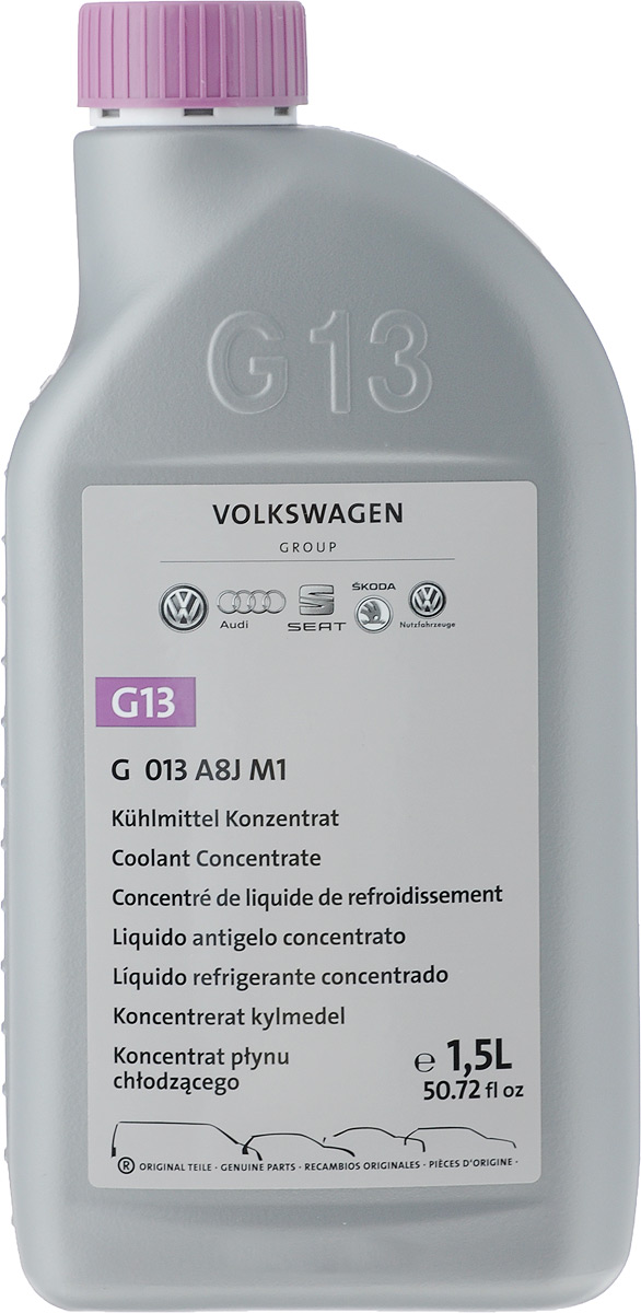 Антифриз VAG G13, концентрат, 1,5 лG013A8JM1 Антифриз VAG G13, концентрат, 1,5 лG013A8JM1Антифриз для системы охлаждения VW AUDI G13 отличается хорошей смешиваемостью с продуктами G12plus и G12plus. Использовать при необходимости защиты от замерзания, перегрева, коррозии и образования накипи. Рекомендуется круглогодичное применение продукта. Не содержит силикатов, нитритов, аминов и фосфатов, это является неоспоримым преимуществом перед стандартными антифризами. Помимо этого срок службы карбоксилатного Антифриза G13 составляет более 120 тысяч км. Пропорция разбавления 1-1. Пригодно для бессменного применения.Товар сертифицирован.