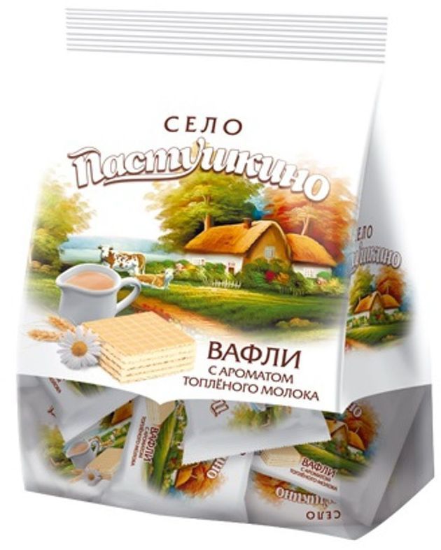 Село Пастушкино вафли с ароматом топленого молока, 250 г4603593006600 Село Пастушкино вафли с ароматом топленого молока, 250 г4603593006600Продукция ТМ Село Пастушкино - это разнообразные кондитерские изделия для всей семьи. Вафли Село Пастушкино идеально подходят к чаю или кофе. Это хрустящее чудо, которое напомнит вам о беззаботном времени летних каникул у бабушки. Удобная порционная упаковка позволяет взять десерт с собой, полакомится и восстановить силы во время рабочего перерыва.