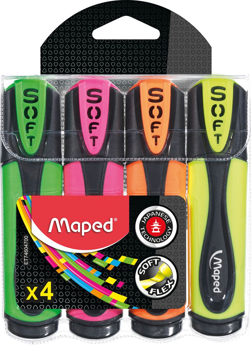 Maped Набор маркеров Fluo PepS Ultra Soft 4 цвета746047 Maped Набор маркеров Fluo PepS Ultra Soft 4 цвета746047Маркеры Maped Fluo PepS Ultra Soft с мягким, скошенным наконечником, пишут на любых поверхностях, даже на неровных и шероховатых. Толщина линии 1-5 мм. Не протекают, стойкие к незакрытой крышке.