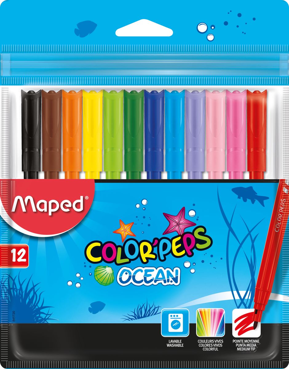Maped Набор фломастеров Colorpeps Ocean 12 цветов845720 Maped Набор фломастеров Colorpeps Ocean 12 цветов845720Фломастеры Maped Colorpeps Ocean с заблокированным пишущим узлом, непременно понравится вашему юному художнику. Фломастеры легко смываются с рук и отстирываются. Пластиковый корпус и вентилируемый колпачок предохраняют чернила от преждевременного высыхания, что гарантирует длительный срок службы. Фломастеры подходят как для рисования, так и для письма.