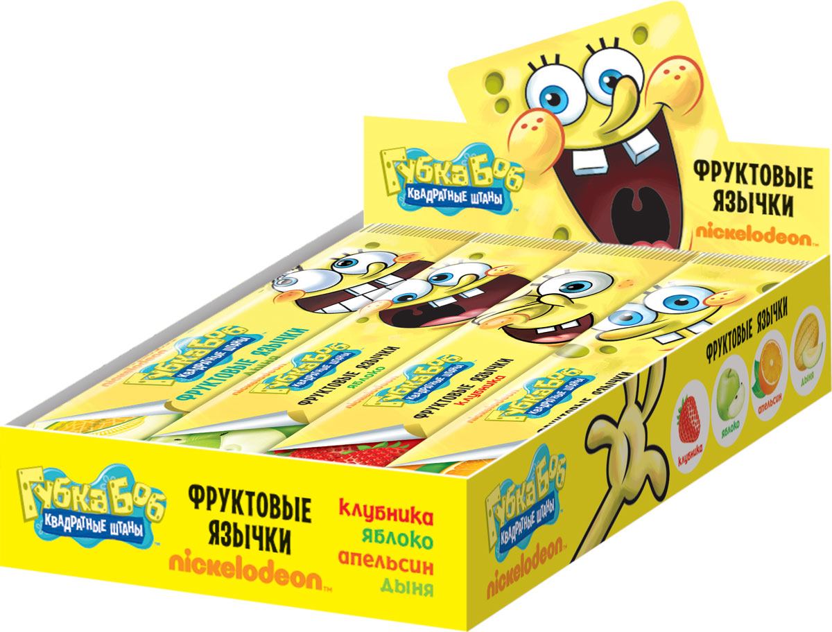 Sponge Bob фруктовая жевательная конфета, 12 шт по 35 гУТ19145 Sponge Bob фруктовая жевательная конфета, 12 шт по 35 гУТ19145Фруктовые жевательные конфеты, микс 4-х вкусов (клубника, яблока, апельсин, дыня).