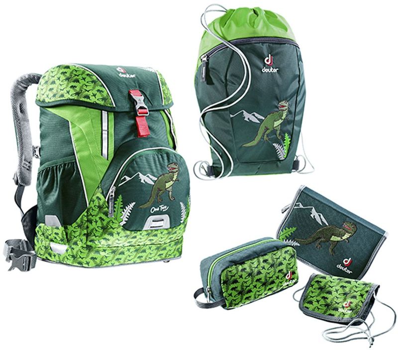 Deuter Ранец школьный OneTwo Лесной динозавр с наполнением + Подарок3880017-2018/SET3-1 Deuter Ранец школьный OneTwo Лесной динозавр с наполнением + Подарок3880017-2018/SET3-1Эргономичная спинка рюкзака хорошо прилегает и равномерно распределяет вес, позволяя избежать чрезмерной нагрузки на спину.Регулируемый по высоте нагрудный ремень держит лямки на месте, гарантируя оптимальную свободу движений.Лямки специально адаптированы к потребностям детей: длина, ширина и эргономичная S-форма не только идеально прилегают, но и очень комфортны – не давят и не трут . Они следуют за каждым движением, обеспечивая равномерное распределение нагрузки.Надежный и прочный каркас даже при максимальной загрузке рюкзака.Съемный регулируемый набедренный пояс.Плотное днище и усиленная боковая конструкция позволяют школьным рюкзакам Deuter стоять вертикально.Основное отделение со встроенным карманом для папки;Светоотражающие элементы по кругу;Отделение для школьного расписания и линейки;Удобная для детей конструкция верхнего клапана;Фронтальный карман для ключей и различной мелочи;Эластичные боковые карманы с усиленными краями.В комплекте с рюкзаком: Мешок для сменной обуви, 2 Пенала без наполнения, Кошелек. К ДАННОМУ КОМПЛЕКТУ ИДЕТ В ПОДАРОК НАБОР КАНЦТОВАРОВ.- Мешок для сменной обуви. Простой, практичный мешок для спортивной или сменной обуви с дополнительным карманом на молнии. Вес: 120 г. Размеры: 7x38x30 см. - Пенал без наполнения большой. Прозрачный карман,Карман на молнии, Петли для ручек и карандашей, Вес: 170 г. Размеры: 4x21x14 см. - Пенал без наполнения маленький. Размер: 21х7х4 см- Кошелек. Размер: 1*14*10 см. Вес: 40 г