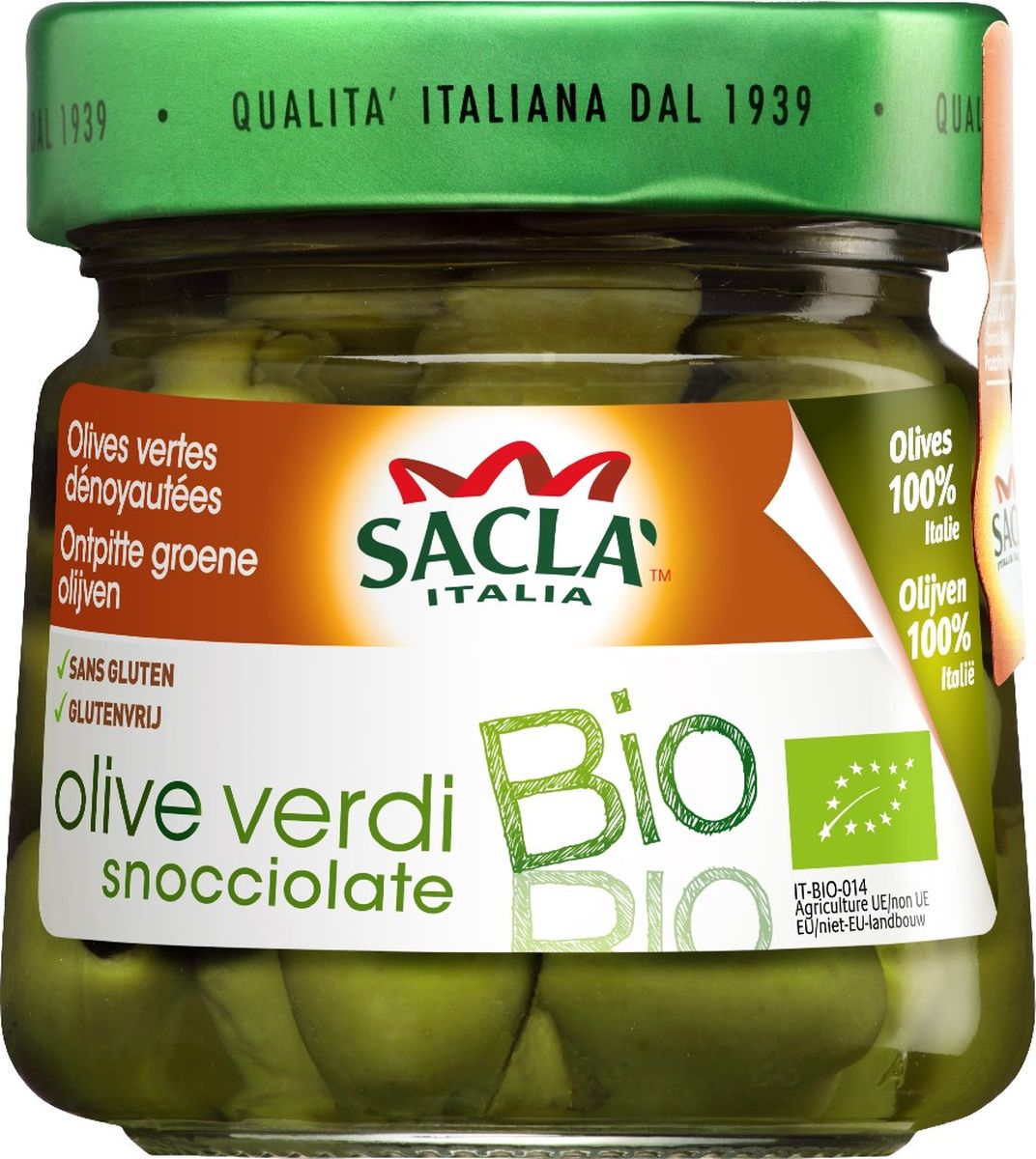 Sacla Био оливки зеленые без косточки, 185 г sacla pesto genovese tofu bio с тофу песто соус по генуэзски био 190 г