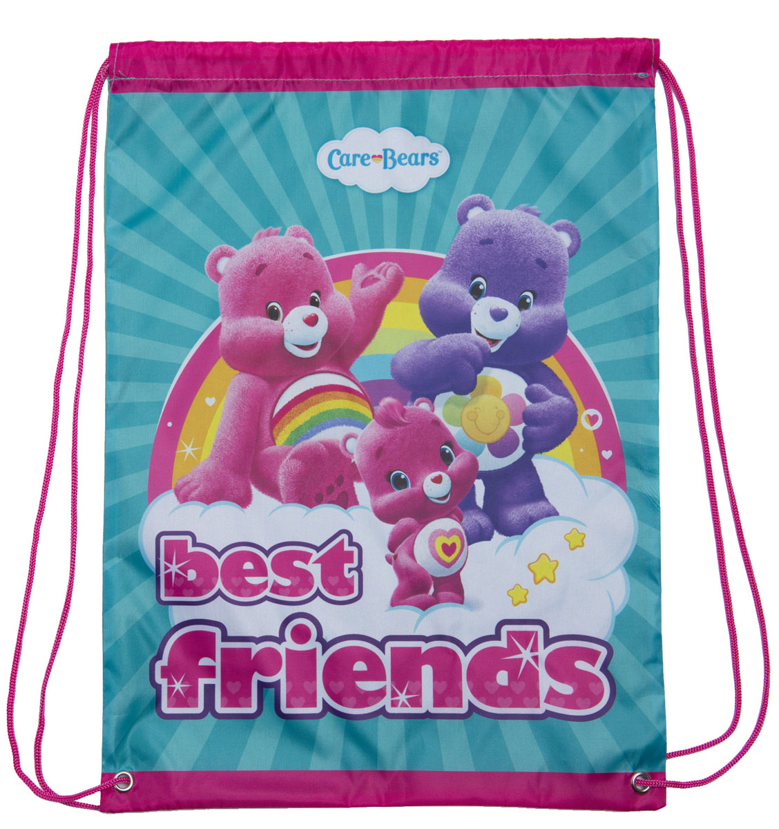 Care Bears Мешок для обуви Заботливые мишки31720 Care Bears Мешок для обуви Заботливые мишки31720Красочный и вместительный мешок для обуви Заботливые мишки подходит для обуви любого размера и затягивается шнурками, дополнительно выполняющими функцию лямок, что позволяет носить аксессуар за спиной. Изделие изготовлено из износостойкой ткани, поэтому имеет длительный срок службы. Аксессуар декорирован ярким принтом (сублимированной печатью).