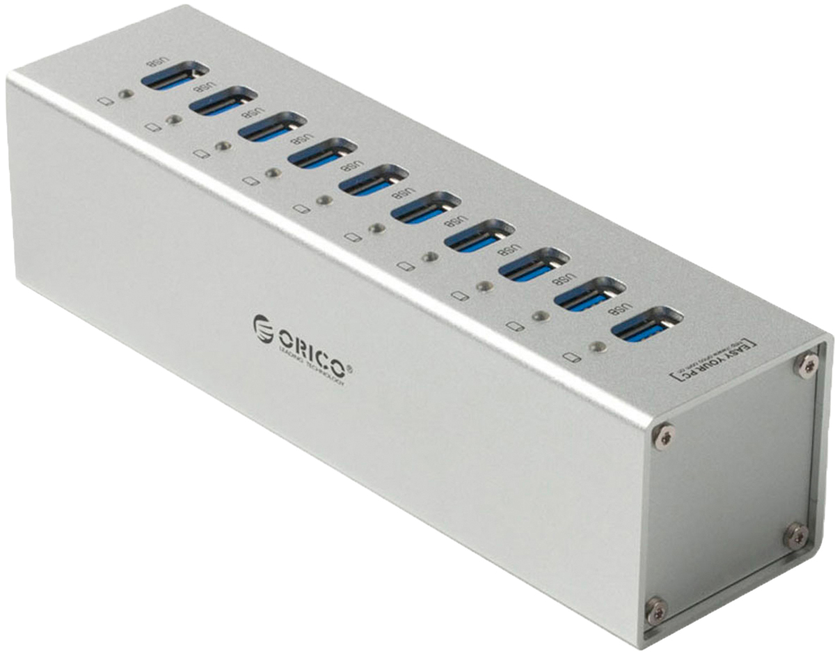 Orico A3H10 USB-концентратор, SilverORICO A3H10-SV Orico A3H10 USB-концентратор, SilverORICO A3H10-SVOrico A3H10 оснащён 10 разъёмами USB 3.0, такого количества универсальных портов хватит на все случаи жизни. Периферия, накопители, принтеры, сканеры и другие устройства - к Orico A3H10 можно подключить любой девайс, поддерживающий стандарт USB. Все разъёмы Orico A3H10 обеспечивают скорость передачи данных в 5 Гбит/сек. Этой скорости с запасом хватит не только для подключения простой периферии, но и для жёстких дисков и быстрых флэш-накопителей. Orico A3H10 не требует установки драйверов и совместим с большинством популярных операционных систем: Windows XP, Vista, 7, 8, 8.1, 10, Mac OS и Linux. Высокопроизводительный USB-концентратор c 10 портами USB 3.0.Двухъядерный контроллер VIA Vl812 гарантирует эффективное использование энергии и высокую скорость передачи данных.Алюминиевый корпус.Скорость передачи данных до 5 Гбит/c.Внешний блок питания.Кабель USB 3.0 длиной 1 метр.Характеристики:Источник питания: Сетевой адаптерМатериал корпуса: Алюминиевый сплавВход USB 3.0 тип ВВыход USB 3.0 тип АUSB выходов: 10Стандарты USB: USB 3.0 / 2.0 / 1.1Скорость сигнала: 5 Гбит/секПоддерживаемые ОС: Windows XP, Vista, 7, 8, 8.1, 10, Mac OS, LinuxПоддержка Plug&Play: ЕстьКонтроллер Via-Labs VL812Индикатор питания: ЕстьГабариты 50х50х184 ммДлина кабеля 1 м.