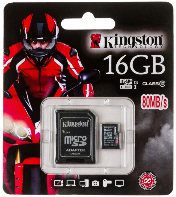 Kingston microSDHC Class 10 UHS-I 16GB карта памяти с адаптеромSDC10G2/16GB Kingston microSDHC Class 10 UHS-I 16GB карта памяти с адаптеромSDC10G2/16GBКарта памяти Kingston microSDHC Class 10 UHS-Iимеет скорости Class 10 UHS-I (80 МБ/с для чтения, 10 МБ/с для записи), что делает ее идеальным решением для фотографов, делающих снимки разного типа - от неподвижных изображений до детей или животных в движении. Она также идеально подходит для съемки видео кинематографического качества в формате HD (1080p) и имеет меньшее время буферизации между снимками по сравнению с картами памяти Class 4.Самая компактная карта памяти microSDHC Class 10 UHS-I является популярным решением для расширения объемапамяти планшетов, смартфонов и экшн-камер. Она также может использоваться вместе с дополнительным адаптером карт памяти SD для хост-устройств SDHC стандартного размера. Эта универсальная карта памяти рассчитана на использование в экстремальных условиях, протестирована на водонепроницаемость, защиту от экстремальных температур, ударостойкость, виброустойчивость и защиту от рентгеновского излучения.