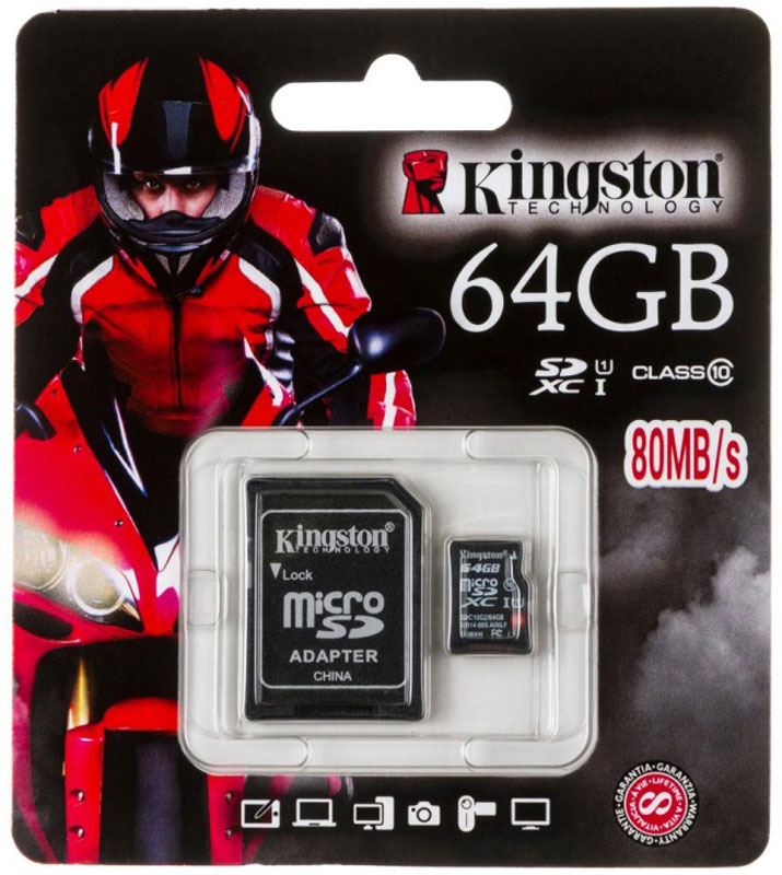 Kingston microSDXC Class 10 UHS-I 64GB карта памяти с адаптеромSDC10G2/64GB Kingston microSDXC Class 10 UHS-I 64GB карта памяти с адаптеромSDC10G2/64GBКарта памяти Kingston microSDXC Class 10 UHS-Iимеет скорости Class 10 UHS-I (80 МБ/с для чтения, 10 МБ/с для записи), что делает ее идеальным решением для фотографов, делающих снимки разного типа - от неподвижных изображений до детей или животных в движении. Она также идеально подходит для съемки видео кинематографического качества в формате HD (1080p) и имеет меньшее время буферизации между снимками по сравнению с картами памяти Class 4.Самая компактная карта памяти microSDXC Class 10 UHS-I является популярным решением для расширения объемапамяти планшетов, смартфонов и экшн-камер. Она также может использоваться вместе с дополнительным адаптером карт памяти SD для хост-устройств SDXC стандартного размера. Эта универсальная карта памяти рассчитана на использование в экстремальных условиях, протестирована на водонепроницаемость, защиту от экстремальных температур, ударостойкость, виброустойчивость и защиту от рентгеновского излучения.
