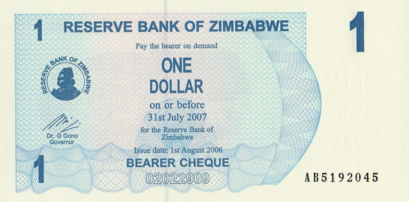 Банкнота номиналом 1 доллар. Зимбабве. 2006 год