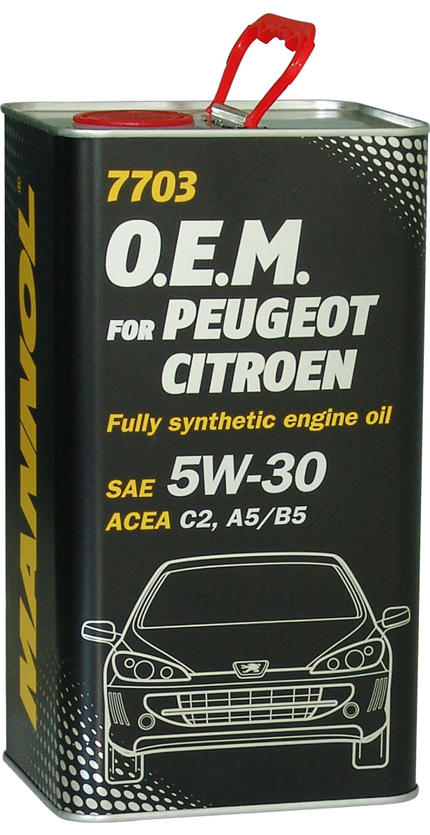 Моторное масло MANNOL 7703 O.E.M., для Peugeot и Citroen, 5W-30, синтетическое, 4 л4039 Моторное масло MANNOL 7703 O.E.M., для Peugeot и Citroen, 5W-30, синтетическое, 4 л4039Моторное масло MANNOL 7703 O.E.M. - синтетическое моторное масло нового поколения, специально разработанное для использования во всех бензиновых и дизельных двигателях автомобилей PEUGEOT и CITROEN, отвечающих экологическим нормам Euro 5. Современный пакет присадок (LOW SAPS) обеспечивает оптимальную работу систем защиты окружающей среды, а также фильтров твердых частиц (FAP, DPF). Эффективно защищает от износа и обеспечивает исключительную чистоту деталей двигателя. Рекомендовано для любых современных бензиновых и дизельных двигателей, в том числе отвечающих экологическим нормам EURO V. Создано с учетом требований для эксплуатации в тяжелых условиях и увеличенных интервалов замены моторного масла. Продукт имеет допуски / соответствует спецификациям / продуктам:SAE 5W-30ACEA A5/B5ACEA C2PSA B71 2290