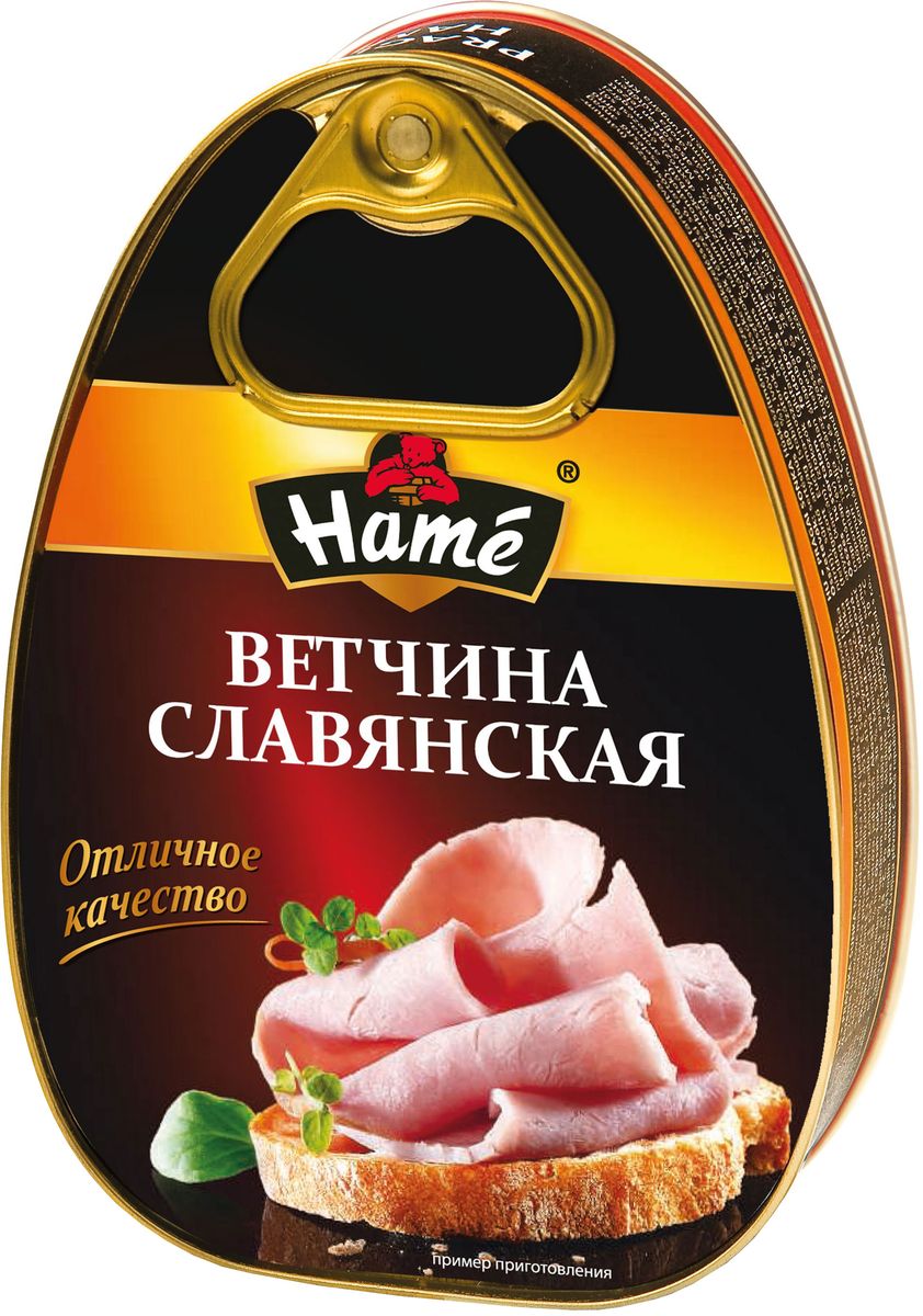 Hame Славянская ветчина, 340 г21170381700063 Hame Славянская ветчина, 340 г21170381700063Пищевая ценность в 100 г продукта:Белок, г - 16,8Жир, г - 2,6Углеводы, г - 0,4