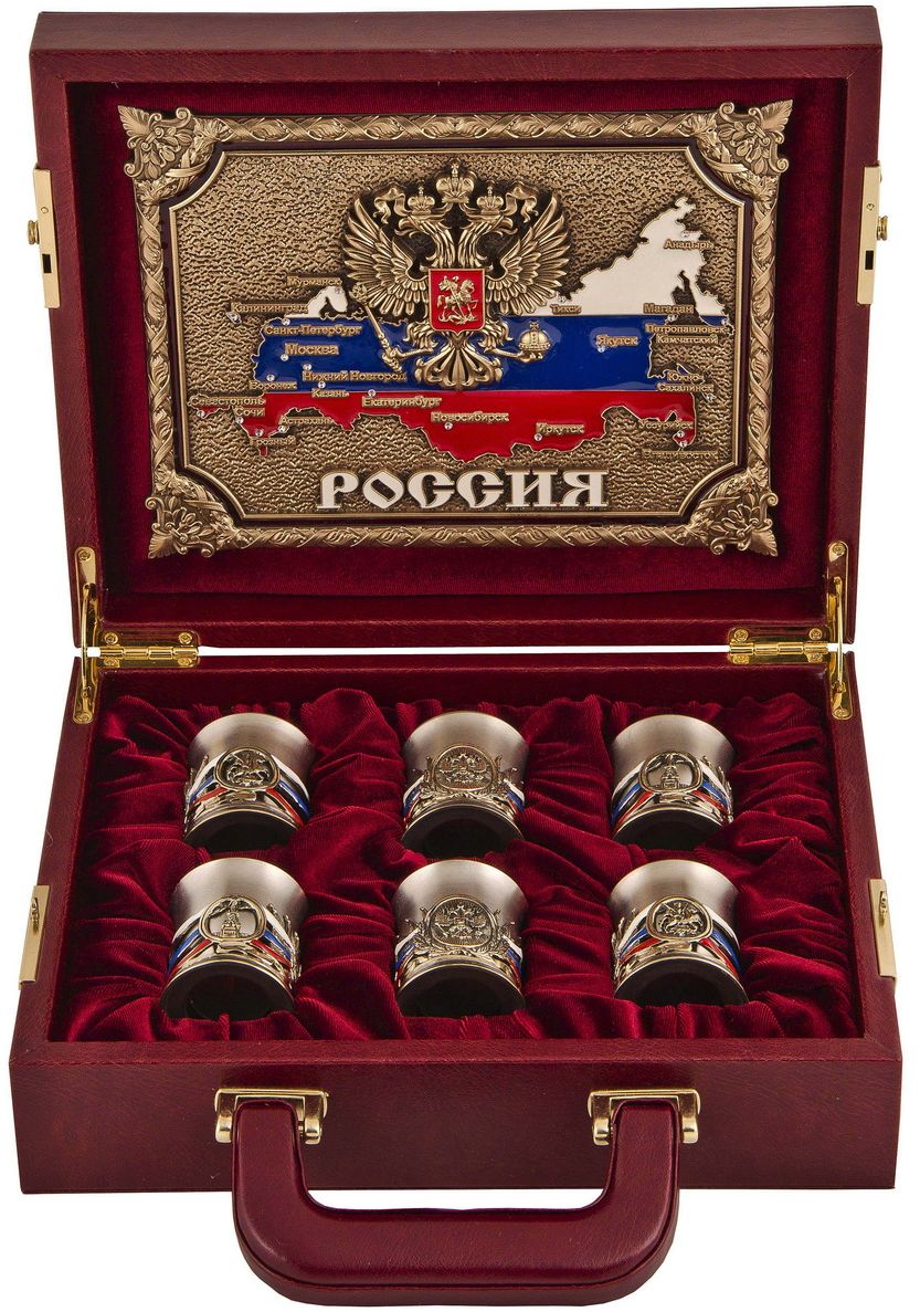 Набор стопок Арт-студия Классик Державный, 7 предметов. ПНД-85ПНД-85 Набор стопок Арт-студия Классик Державный, 7 предметов. ПНД-85ПНД-85Латунь с позолочением, с трехколорными эмалями в кейсе с панно Россия из меди с цветными эмалями и латунным гербом РФ со стразами на крышке.