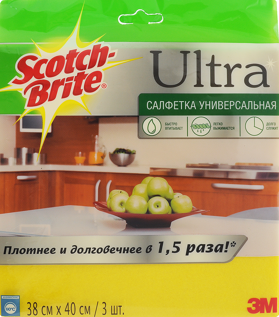Салфетка для уборки Scotch-Brite Ultra, универсальная, 38 х 40 см, 3 шт5910 Салфетка для уборки Scotch-Brite Ultra, универсальная, 38 х 40 см, 3 шт5910Салфетка Scotch-Brite Ultra, выполненная из 80% вискозы и 10% полипропилена, предназначена для сухой и влажной уборки. Легко отжимается, быстро сохнет и не впитывает запахи. Может применяться с бытовыми моющими средствами.Допускается стирка в стиральной машине при 60°С.
