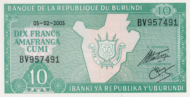 Банкнота номиналом 10 франков. Бурунди, 2005 год