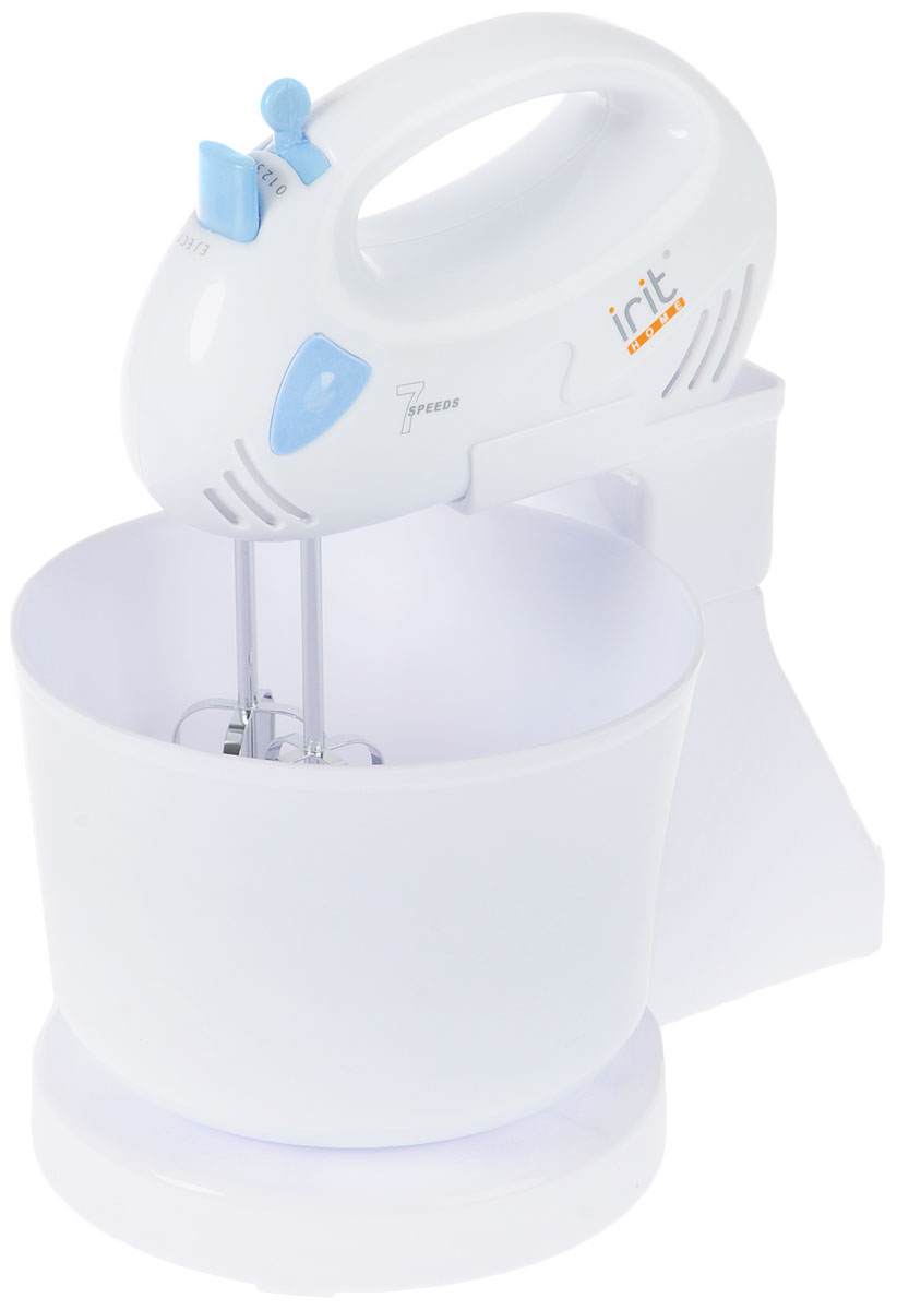 Irit IR-5430 миксерIR-5430 Irit IR-5430 миксерIR-5430Миксер Irit IR-5430 с мощностью 150 Вт и 7 скоростями вращения. Имеет две пары практичных насадок для тщательного взбивания и для замешивания теста, которые гарантируют идеальный результат работы. Для большего удобства данная модель снабжена кнопкой легкого отсоединения насадок, что позволит менять насадки, не пачкая руки. Поставляется с удобной вращающейся чашей объемом 2 литра и подставкой под миксер.