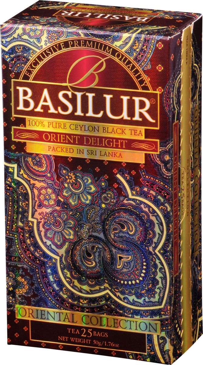 Basilur Orient Delight черный чай в пакетиках с типсами, 25 шт70853-00 Basilur Orient Delight черный чай в пакетиках с типсами, 25 шт70853-00Чай из Восточной коллекции Базилур Восточное очарование - этот цейлонский чай сорта FBOP Extra Special с типсами (чайными почками) - для настоящих ценителей! Вас порадует насыщенный темно-красный настой чая и его великолепный аромат с мягкой медовой нотой. Типсы - листовые почки, которые являются отличительным признаком высокого качества чая класса - premium. Два первых чайных аккуратно скрученных листа и почка при заваривании создают чудесный напиток янтарного цвета с душистым ароматом и прекрасным, нежным и тонким вкусом.