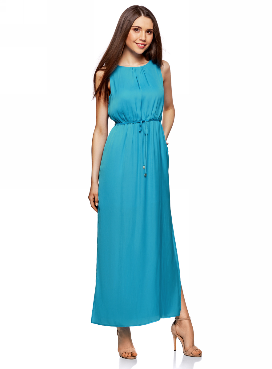 Платье oodji Collection, цвет: синий. 21900323-1/42873/7500N. Размер 42-170 (48-170)21900323-1/42873/7500N Платье oodji Collection, цвет: синий. 21900323-1/42873/7500N. Размер 42-170 (48-170)21900323-1/42873/7500NПлатье oodji Collection выполнено из легкой струящейся ткани. Модель макси-длины с разрезами на юбке по бокам и вырезом-капелькой на спинке застегивается на пуговицу сзади. Линию талии подчеркивает поясок-кулиска, входящий в комплект. Платье подойдет для праздника, прогулок или дружеских встреч и станет отличным дополнением гардероба в летний период. Мягкая ткань на основе полиэстера приятна на ощупь и комфортна в носке.