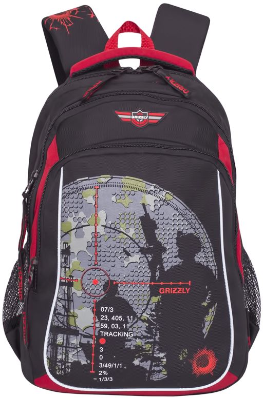 Grizzly Рюкзак цвет черный красный RB-732-1RB-732-1/1 Grizzly Рюкзак цвет черный красный RB-732-1RB-732-1/1Школьный рюкзак Grizzly - это необходимый аксессуар для любого школьника. Рюкзак выполнен из плотного материала и оформлен оригинальным принтом.Рюкзак имеет три основных отделения, закрывающихся на застежки-молнии. По бокам рюкзак дополнен двумя открытыми сетчатыми карманами.Внутри отделения на передней стенке располагается органайзер - карман-сетка на молнии, большой накладной карман и кармашки для канцелярских принадлежностей. Внутри основного отделения расположен укрепленный накладной карман для планшета, дополненный прорезным карманом на молнии. Второе отделение не имеет карманов.Рюкзак оснащен удобной текстильной ручкой для переноски в руке, петлей для подвешивания и светоотражающими вставками.Спинка дополнена эргономичными воздухопроницаемыми подушечками, которые обеспечивают удобство и комфорт при носке. Укрепленные лямки анатомической формы регулируются по длине.Многофункциональный школьный рюкзак станет незаменимым спутником вашего ребенка в походах за знаниями.