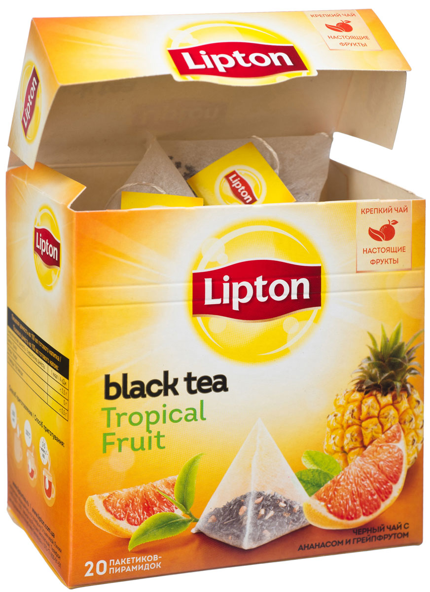 Lipton Tropical Fruit Tea фруктовый чай в пирамидках, 20 шт21187943/20244487 Lipton Tropical Fruit Tea фруктовый чай в пирамидках, 20 шт21187943/20244487Lipton Tropical Fruit Tea - байховый черный чай с ароматизатором тропических фруктов и кусочками фруктов. Источник новых впечатлений и ярких эмоций кроется в оригинальном сочетании кусочков ананаса и цедры грейпфрута с отборными чайными листочками, которое рождает глубокий насыщенный вкус, полностью раскрывающий богатство своих оттенков благодаря свободному пространству внутри пирамидки. Экзотический вкус вызывает восхищение!
