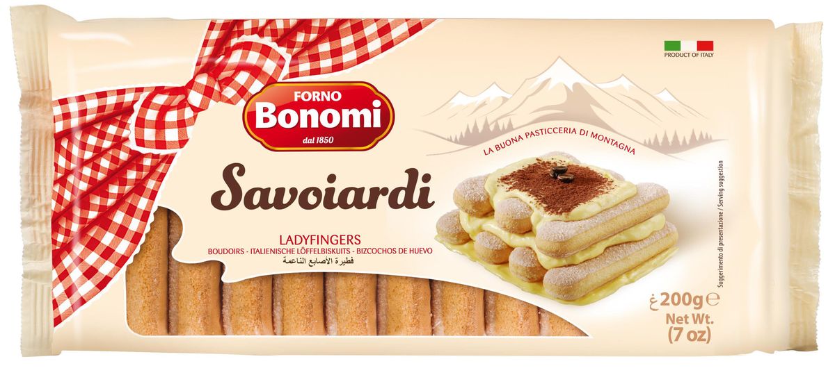 Forno Bonomi Савоярди печенье сахарное, 200 г5590 Forno Bonomi Савоярди печенье сахарное, 200 г5590Печенье Савоярди Сахарное Bonomi - вкуснейшее бисквитное печенье, вкус которого, вне сомнения, сможет удивить и порадовать родных и близких. Идеально для приготовления Тирамису и тортов-мороженых. История компании Форно Бономи восходит к 1850 году, когда Форно Бономи открыл семейную пекарню в маленькой живописной деревне Веро Веронезе, расположенной высоко в горах неподалеку от Вероны, города Ромео и Джульетты.Со временем популярность кондитерских изделий росла и благодаря усилиям трех братьев, Дарио, Ренато и Фаусто и семейная компания Форно Бономи расширялась.Залог успеха компании Forno Bonomi - великолепное качество кондитерских изделий, которые традиционно производятся по семейной рецептуре с использованием натуральных ингредиентов. В компании работает более 150 сотрудников, создавая и совершенствуя различные продукты и технологии, направленные на улучшение качества. Кондитерские изделия ТМ Forno Bonomi представлены более чем в 90 странах мира.Компания неизменно находится в том же живописном месте: в высокогорье Ровере, сохраняя неизменным подход к качеству и деталям, позволившим стать компании Forno Bonomi крупнейшим мировым производителем всеми любимого печенья савоярди.Печенье Савоярди Forno Bonomi рекомендовано Федерацией итальянских шеф-поваров (FIC) для приготовления традиционного итальянского десерта Тирамису.