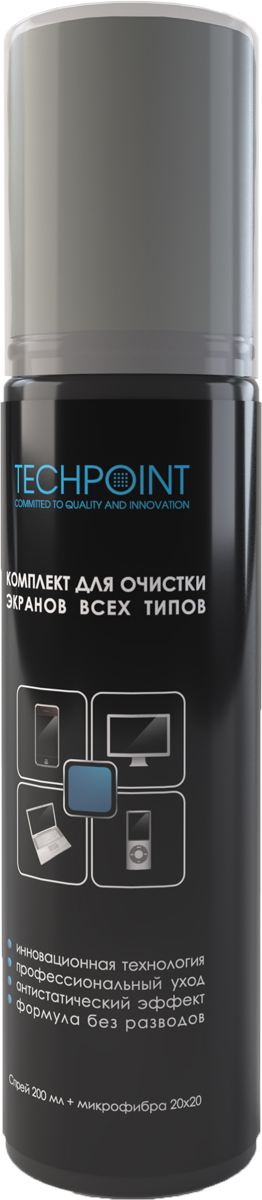 Набор для очистки всех типов экранов Techpoint Screen Cleaning Kit, 2 предмета7776 Набор для очистки всех типов экранов Techpoint Screen Cleaning Kit, 2 предмета7776Комплект для очистки всех типов экранов TechPoint - Screen Cleaning Kit, спрей 200мл.+микрофибра (арт.7776)Уважаемые клиенты! Обращаем ваше внимание на возможные изменения в дизайне упаковки. Качественные характеристики товара остаются неизменными. Поставка осуществляется в зависимости от наличия на складе.