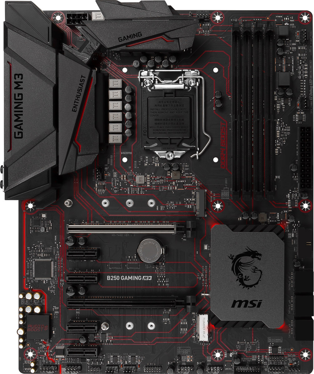 MSI B250 Gaming M3 материнская платаB250 GAMING M3 MSI B250 Gaming M3 материнская платаB250 GAMING M3Благодаря уникальному внешнему виду и эксклюзивным геймерским функциям, материнская плата MSI B250 Gaming M3 предлагает лучшие игровые возможности.Настройте любую цветовую схему с помощью RGB Mystic Light Sync. Чтобы полностью соответствовать стилю вашей системы выбирайте любой цвет из палитры с помощью вашего смартфона или приложения для ПК MSI Gaming App. Устали от одного и того же цвета? Полностью измените внешний вид компьютера за 1 секунду!Охлаждение компьютера является существенно важным, когда речь идет о стабильности и высокой производительности. Для этого мы установили на плате достаточное количество разъемов для подключения управляемых вентиляторов. Теперь вы можете полностью контролировать охлаждение вашей системы.Превзойдите своих соперников по игре за счет уникальных инструментов MSI GAMING. Умное железо и программное обеспечение позволит вам оставаться на шаг впереди ваших соперников.Специальный игровой порт оптимизирован для подключения high-end геймерских периферийных устройств позволяет полностью использовать их возможности. Настраивайте разрешение мыши и увеличивайте точность движений или программируйте кнопки с помощью простого ПО Mouse Master и выполняйте несколько команд с помощью одного клика.В стремлении получить максимум от игры, энтузиасты и геймеры всегда в поисках дополнительной производительности. Использование нескольких видеокарт, это отличный способ сделать ваш компьютер мощнее. Материнские платы MSI GAMING поддерживают установку нескольких видеокарт. Оптимальное расположение слотов PCI-E способствует их лучшему охлаждению.Материнская плата MSI GAMING поддерживает все самые последние стандарты для дисковых накопителей. Это позволяет подключать любые высокоскоростные устройства хранения данных, добавляя преимуществ для игр. Быстрее запускайте игры, загружайте уровни и получайте настоящее преимущество перед своими врагами.Почувствуйте по-настоящему потрясающий звук в играх. Благодаря технологии Audio Boost и высококачественным компонентам, мы гарантируем высочайшее качество звука. Наслаждайтесь захватывающим звуком в играх.Приготовьтесь разгромить ваших врагов на поле боя вместе с MSI GAMING LAN. Использование компонентов высочайшего качества позволило избавиться от лагов и добиться лучших результатов в онлайн компьютерных играх.Оптимальная разводка дорожек печатной платы и полностью изолированные электрические цепи памяти гарантируют отличную стабильность и производительность. Вам больше не нужно беспокоиться о нестабильности системы во время игры.Steel Armor защищает оперативную память и слоты, как от механических повреждений, так и от перегрузок по току за счет дополнительных точек заземления. Это также гарантирует чистоту сигналов оперативной памяти и, как результат, плавный гейминг за счет экранирования от электромагнитных помех.Копирование ваших любимых игр и фильмов через USB быстро как никогда. MSI предлагает большое количество опций для подключения и ускорения ваших USB 3.1 устройств, обеспечивая молниеносные скорости передачи данных до 10 Гб/с!