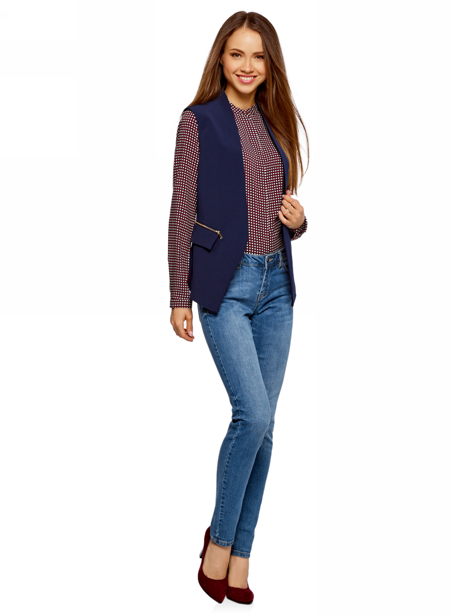 Жилет женский oodji Collection, цвет: темно-синий. 22300246B/42250/7900N. Размер 42 (48-170)22300246B/42250/7900N Жилет женский oodji Collection, цвет: темно-синий. 22300246B/42250/7900N. Размер 42 (48-170)22300246B/42250/7900NЖилет oodji изготовлен из качественного плотного материала на подкладке. Модель дополнена врезными карманами под клапанами и декоративными молниями.