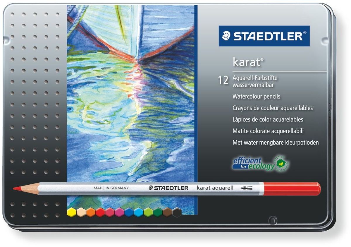 Staedtler Набор акварельных карандашей Karat Aquarell 125 12 шт125M1210 Staedtler Набор акварельных карандашей Karat Aquarell 125 12 шт125M1210Набор акварельных карандашей 125 серии Karat Aquarell. Содержит 12 светостойких цветных акварельных карандашей. Исключительно гладкое, насыщенное цветом исполнение. Цвета отлично смешиваются. Ударопрочный грифель. Широкий диапазон творческих эффектов: сухие, сухие по мокрому, мокрый по мокрому. Изготовлены из сертифицированной древесины.Упакованы в металлический пенал.