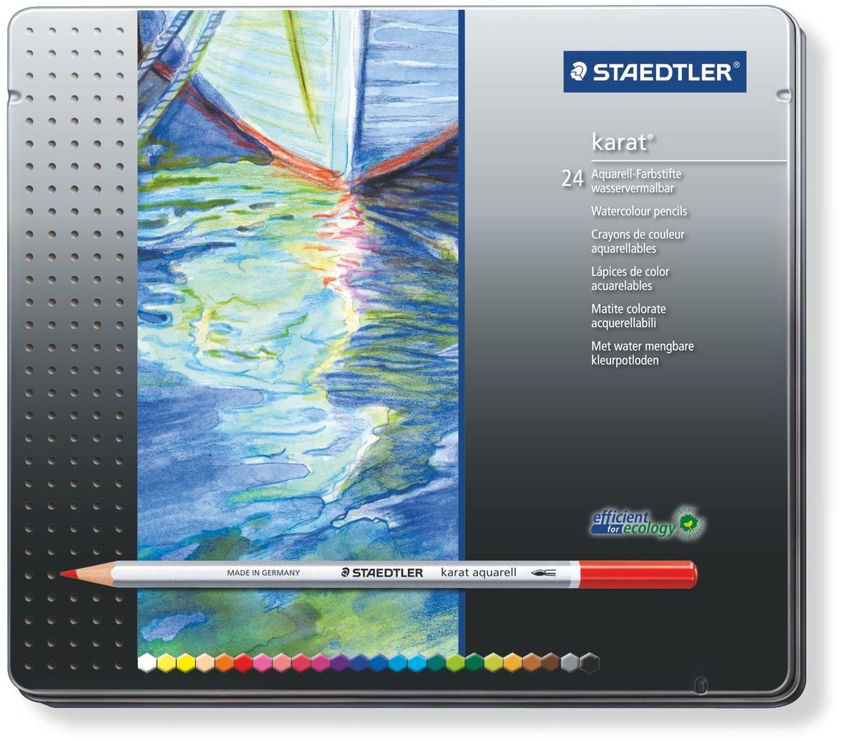 Staedtler Набор акварельных карандашей Karat Aquarell 125 24 шт125M2410 Staedtler Набор акварельных карандашей Karat Aquarell 125 24 шт125M2410Набор акварельных карандашей 125 серии Karat Aquarell. Содержит 24 светостойких цветных акварельных карандаша. Исключительно гладкое, насыщенное цветом исполнение. Цвета отлично смешиваются. Ударопрочный грифель. Широкий диапазон творческих эффектов: сухие, сухие по мокрому, мокрый по мокрому. Изготовлены из сертифицированной древесины.Упакованы в металлический пенал.