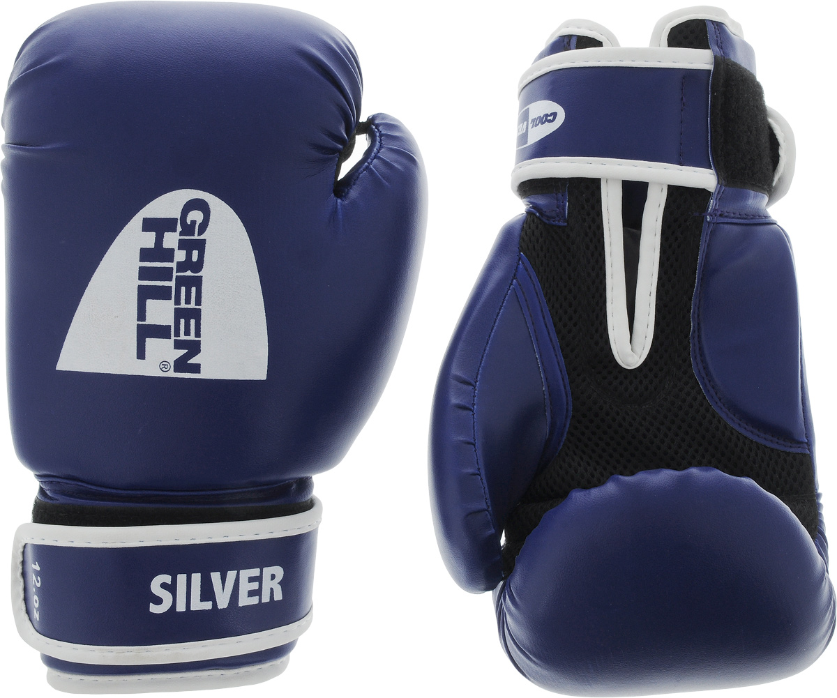 Боксерские перчатки Green Hill Silver, цвет: синий, белый. Размер 12 унций. BGS-2039BGS-2039 Боксерские перчатки Green Hill Silver, цвет: синий, белый. Размер 12 унций. BGS-2039BGS-2039Боксерские перчатки Green Hill Silver подойдут для легких спаррингов и тренировок. Верх выполнен из высококачественной искусственной кожи, наполнитель - из вспененного полимера. Ладонь выполнена по технологии, которая позволяет руке дышать. Манжет на липучке способствует быстрому и удобному надеванию перчаток, плотно фиксирует перчатки на руке.