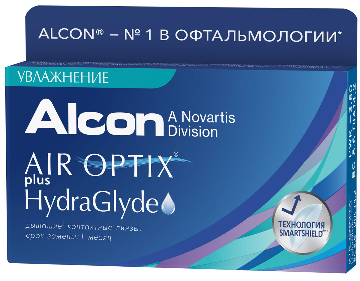 ALCON Контактные линзы AIR OPTIX plus HydraGlyde (3 pack)/Радиус кривизны 8,6/Оптическая сила -1.00