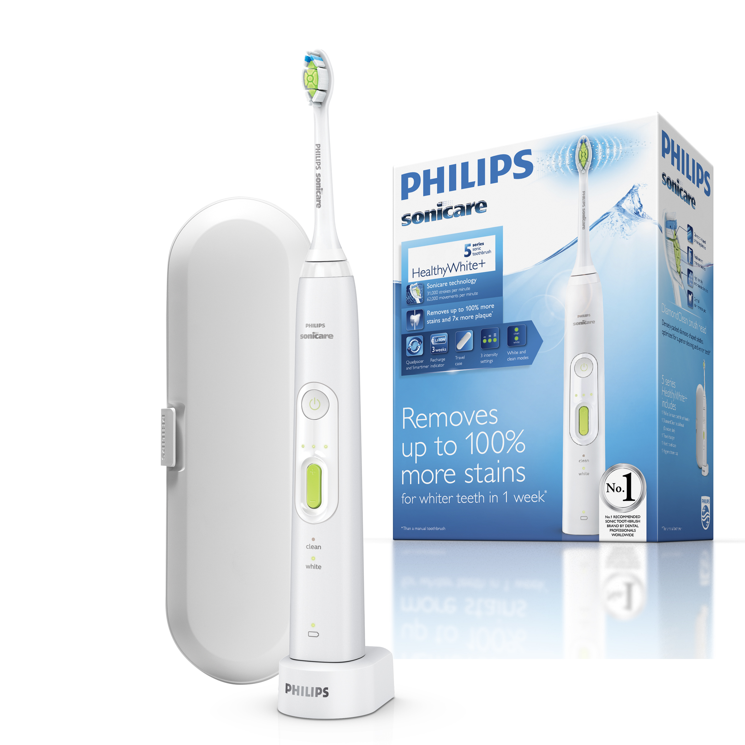 Philips HealthyWhite+ HX8911/02 звуковая зубная щеткаHX8911/02 Philips HealthyWhite+ HX8911/02 звуковая зубная щеткаHX8911/02№1 бренд звуковых зубных щеток рекомендуемый стоматологами всего мира. На основании опроса более 4500 зубных врачей, Приоритиз Ресерч, 2012. Более 20лет клинических исследований Sonicare.Ирригационный эффект технологии Sonicare способствует более качественному удалению зубного налета из труднодоступных участков полости рта и вдоль линии десен. Удаляет до 7 раз больше налета*, до 100% больше потемнений с поверхности эмали по сравнению с обычной зубной щеткой**.6 настраиваемых режимов: чистка и отбеливание с возможностью выбора одного из 3 уровней интенсивности: низкий, средний, высокий.В комплекте 1 насадка DiamondClean (жесткость средняя), дорожный футляр. DiamondClean — это лучшие чистящие насадки Sonicare для отбеливания зубов. Щетинки средней жесткости в форме ромба бережно и эффективно удаляют налет. 2-минутный режим Clean (Чистка) обеспечивает эффективное удаление налета (время чистки, рекомендованное стоматологами). Режим White (Отбеливание) удаляет потемнения с поверхности эмали, отбеливает и полирует зубы. Борется с налетом от кофе, чая, табака и красного вина. Отбеливает зубы на 2 тона всего за две недели. Таймер с 30-секундным интервалом сообщает об окончании чистки каждого квадранта полости рта и подает сигнал для перехода к следующему, в результате чего чистка выполняется более тщательно.Подходит для использования при наличии пломб,коронок,брекетов и других ортодонтических конструкций. *Delaurenti M,et al.An Evaluation of Two Toothbrushes on Plaque and Gingivitis.Journal,of Dental Research,2012**Putt M,Milleman J,DeLaurenti M,Schmitt P.Data on file,2010.