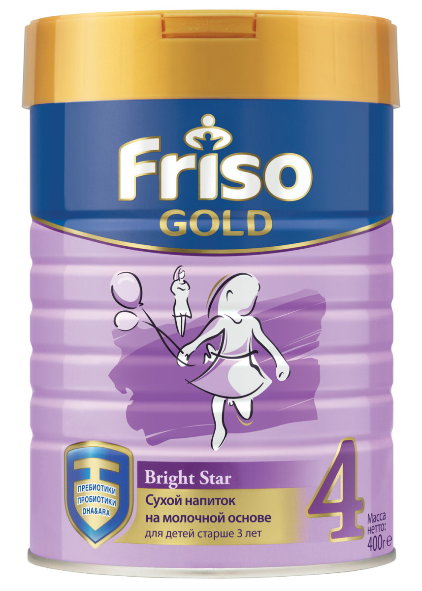 Friso Фрисо Голд 4 напиток на молочной основе с 3 лет, 400 г651199 Friso Фрисо Голд 4 напиток на молочной основе с 3 лет, 400 г651199Вашему малышу исполнилось 3 года. В это время развитие малыша продолжается бурными темпами, ребенок становится более активным и подвижным, развиваются все психические процессы. Малыш может совершать несколько действий одновременно, и активно общается со сверстниками. Ваша яркая звездочка сияет с каждым днем все красочнее и выразительнее. Friso Gold 4 помогает растущему ребенку обеспечивать его потребности в питании, а Вам наслаждаться материнством. Friso Gold 4 содержит: DHA и ARA - необходимый строительные материал для развития мозга;Пребиотики - натуральные пищевые волокна для комфортного пищеварения;Пробиотики - полезные бактерии, поддерживающие полезную микрофлору;Нуклеотиды - пищевые вещества, помогающие укреплению иммунной системы;Селен и Цинк - важные иммунонутриенты.