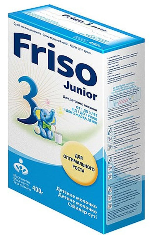 Friso Фрисо 3 Junior детское молочко с 12 месяцев, 400 г660657 Friso Фрисо 3 Junior детское молочко с 12 месяцев, 400 г660657Детское молочко Фрисо 3 Junior - сухой молочный напиток для детей с 1 года до 3 лет, важный дополнительный источник макро- и микронутриентов в питании детей. Только из свежего молока, получаемого на собственных фермах компании. Отвечает всем требованиям по качеству и безопасности. • содержит основные макро- и микронутриенты для нормального физического и нервно-психического развития ребенка старше 1 года, • позволяет компенсировать недостаток витаминов и микроэлементов в рационе ребенка старше года, возникающих вследствие возрастных физиологических особенностей, а также сформировавшихся пищевых привычек и капризов, • легко усваивается, • имеет хорошие вкусовые качества, ванильный вкус.
