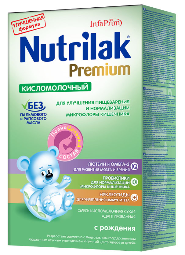 Nutrilak Premium смесь кисломолочная с 0 месяцев, 350 г8772 Nutrilak Premium смесь кисломолочная с 0 месяцев, 350 г8772Сухая кисломолочная адаптированная смесь с ПолноЦельным СОСТАВОМ для смешанного и искусственного вскармливания детей. ПОКАЗАНИЯ К ПРИМЕНЕНИЮ: улучшение пищеварения; нормализация микрофлоры кишечника. ОСОБЕННОСТИ СОСТАВА: пробиотический комплекс. УНИКАЛЬНЫЙ СБАЛАНСИРОВАННЫЙ ЖИРОВОЙ СОСТАВ: без пальмового и рапсового масла; натуральный молочный жир. ВАЖНЫЕ НУТРИЕНТЫ ДЛЯ РАЗВИТИЯ РЕБЕНКА: Омега-3 жирные кислоты (DHA, EPA); лютеин; нуклеотиды; витамины, макро- и микроэлементы. Смесь Премиум Кисломолочная от Нутрилак разработана совместно с ведущими специалистами Научного центра здоровья детей Министерства здравоохранения Российской Федерации.