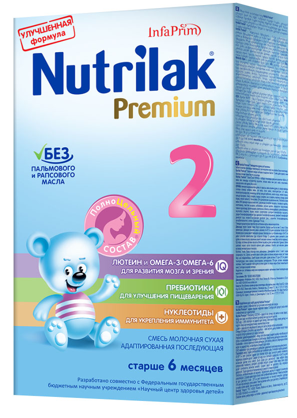 Nutrilak Premium+ 2 смесь молочная с 6 месяцев, 350 г8795 Nutrilak Premium+ 2 смесь молочная с 6 месяцев, 350 г8795Премиум 2 от Нутрилак – адаптированная начальная сухая молочная смесь с пребиотиками и ПолноЦельным СОСТАВОМ для смешанного и искусственного вскармливания детей. УНИКАЛЬНЫЙ СБАЛАНСИРОВАННЫЙ ЖИРОВОЙ СОСТАВ: Без пальмового и рапсового масла; натуральный молочный жир. ВАЖНЫЕ НУТРИЕНТЫ ДЛЯ РАЗВИТИЯ РЕБЕНКА: Омега-3/Омега- 6 (DHA/ARA) жирные кислоты; лютеин; пребиотики; нуклеотиды; витамины, макро- и микроэлементы. Смеси Премиум от Нутрилак разработаны совместно с ведущими специалистами Научного центра здоровья детей Министерства здравоохранения Российской Федерации.