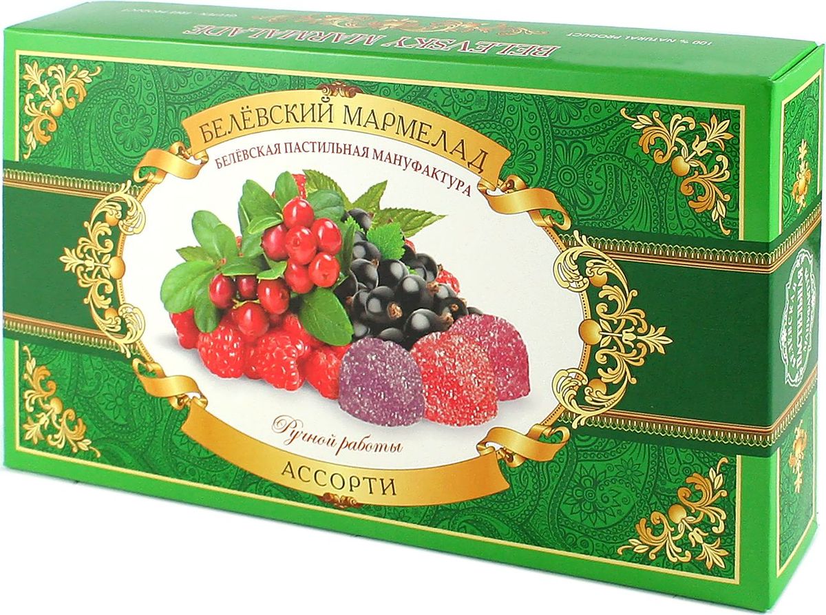 Белевская пастильная мануфактура Белевский мармелад ассорти, 260 гBPM447 Белевская пастильная мануфактура Белевский мармелад ассорти, 260 гBPM447Белевский мармелад – сладкое лакомство, получаемое из пюре и мякоти фруктов с добавлением загустителя. Идеальным считается мармелад, в котором роль загустителя играет пектин. Это натуральное вещество, содержащееся во фруктах естественным образом. Натуральный мармелад, изготовленный с использованием пектина, не требует участия каких-либо искусственных добавок, поскольку пектин выполняет функции загустителя, осветлителя, желирующего агента и стабилизатора одновременно. В результате для производства мармелада требуются лишь фрукты и сахар. Пектин обладает бактерицидным действием, улучшает пищеварение и нормализует микрофлору кишечника. Попадая в организм, пектин связывает находящиеся в нем вредные токсичные вещества и способствует их скорейшему выведению. Кроме того, пектин обладает свойством снижать уровень холестерина, являясь профилактикой онкологических заболеваний. Пектин показан к употреблению людям, страдающим сахарным диабетом, поскольку способен снижать скорость увеличения содержания глюкозы в крови.