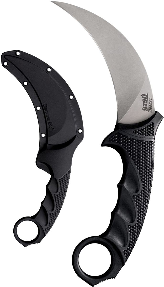 Нож туристический Cold Steel Steel Tiger, цвет: черный, длина клинка 4 3/4CS/49KST Нож туристический Cold Steel Steel Tiger, цвет: черный, длина клинка 4 3/4CS/49KSTНож американской фирмы COLD STEEL, произведенный на заводе в Японии. Переосмысленная идея филиппинского керамбита.Он относится к увеличенным вариантам керамбита, так как стандартный имеет длину лезвия примерно 3-10 см. Длина представленной модели 12 сантиметров. Это обстоятельство улучшает его характеристики, так как он становится очень удобен в путешествии. С легкостью может заменить как открывалку, так и сам нож. Пригодится в работе для водного туриста при перерезании веревок, работнику склада, электрику.Сначала он появился в качестве боевого ножа джунглей, так как в условиях вечнозеленых зарослей во время дождя сложно идти в открытый бой, когда противник одет легко или вообще в одной набедренной повязке. В нем лезвие создано в виде крюка и есть кольцо для мизинца на рукоятке. Различные варианты этой модели, долгое время были боевым оружием и применялись в различных техниках рукопашного боя
