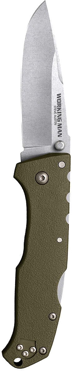 Нож складной Cold Steel Steve Austin Working Man, цвет: болотный, длина клинка 3 1/2CS/54NVG Нож складной Cold Steel Steve Austin Working Man, цвет: болотный, длина клинка 3 1/2CS/54NVGWorking Man — складной нож для повседневного ношения. Модель выпущена на рынок в 2017 году и полностью соответствует современным стандартам. Блестящие рабочие характеристики вкупе с оригинальным дизайном выгодно отличают изделие от аналогов. Прилагательное «рабочий» в названии информирует о том, что нож пригодится в городе и при выездах на природу.Твердость клинка согласно шкале Роквелла составляет 56–58 единиц. Он изготовлен из первоклассной немецкой стали. Продуманное соотношение углерода и хрома гарантирует устойчивость к коррозии, механическую прочность и стойкость режущей кромки. Клинок долго держит изначальную заточку. При интенсивной эксплуатации лезвие сохраняет окраску и привлекательный внешний вид.Нож превосходно режет, рубит, колет. Каплеобразный клинок при финишной обработке Stone wash покрыт сетью миниатюрных царапин. Матовая расцветка удачно маскирует мелкие дефекты, неизбежные при использовании. Благодаря этому же покрытию лезвие стало еще тверже и приобрело антибликовые свойства.Нож открывается одним движением. Двусторонний шпенек обеспечивает комфорт для правшей и левшей. Функция надежной фиксации клинка возложена на усовершенствованный классический замок Back-Lock. Необходимо отметить полное отсутствие люфтов.Рукоять сделана из усиленного углеродным волокном полиамида. Материал устойчив к механическим повреждениям, повышенной влажности, агрессивным средам. Рукоять с шероховатой поверхностью удобно ложится в ладонь, гарантирует надежное сцепление. Упор предохраняет пальцы от соскальзывания на лезвие.