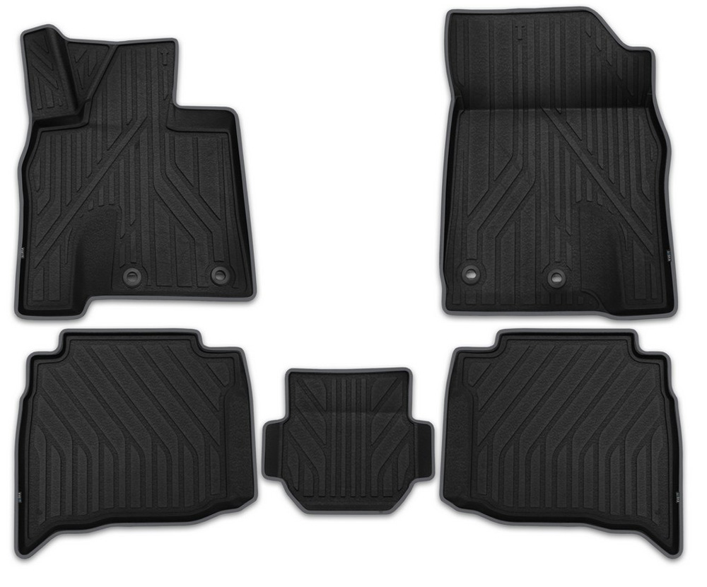 Набор автомобильных ковриков Kvest 3D, для Toyota Land Cruiser 200 2015, в салон, цвет: черный, 5 штKVESTTYT00001K Набор автомобильных ковриков Kvest 3D, для Toyota Land Cruiser 200 2015, в салон, цвет: черный, 5 штKVESTTYT00001KПри производстве автомобильных ковриков Kvest 3D использован инновационный материал Polystar, с ярко выраженной шероховатой поверхностью, которая обеспечивает противоскользящий эффект. Технологичный дизайн рисунка и нубуковая окантовочная лента придают завершенность и подчеркивают исключительность продукта. Каждый набор упакован в коробку с инструкцией по установке фиксаторов и брошюрой, содержащей описание всех достоинств ковров Kvest. Функциональность: идеально повторяет геометрию пола автомобиля; площадка отдыха левой ноги водителя полностью закрыта; высокий борт сберегает пол и другие элементы салона; высокий профиль объемной текстуры ковриков защищает обувь от грязи, воды и соляной смеси. Безопасность: крепление к полу автомобиля с помощью фиксаторов, противоскользящий эффект, уникальная фактура нижней поверхности ковриков препятствует их смещению. Дизайн: широкая цветовая гамма, дополняющая стиль автомобиля; эффект «шагреневой кожи»; нубуковая окантовочная лента.Уважаемые клиенты, обращаем ваше внимание, что фотографии на коврики универсальные и не отражают реальную форму изделия. При этом само изделие идет точно под размер указанного автомобиля.