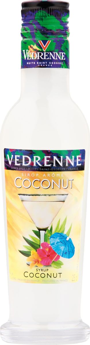 Vedrenne кокос сироп, 250 мл12169 Vedrenne кокос сироп, 250 мл12169В настоящее время компания Vedrenne считается одним из лучших производителей высококлассных сиропов, отличающихся натуральным вкусом, а также насыщенным ароматом и глубоким цветом. Фруктовые сиропы Vedrenne пользуются большой популярностью не только во Франции (где их широко используют как в сегменте HoReCa, так и в домашних условиях), но и экспортируются более чем в 50 стран мира.Сиропы изготавливаются на основе натурального растительного сырья, фруктовых и ягодных соков прямого отжима, цитрусовых настоев, а также с использованием очищенной воды без вредных примесей, что позволяет выдержать все ценные и полезные свойства натуральных фруктово-ягодных плодов и трав. В состав сиропов входит только натуральный сахар, произведенный по традиционной технологии из сахарозы.Благодаря высокому содержанию концентрированного фруктового сока сиропы Vedrenne обладают изысканным ароматом и натуральным вкусом, являются эффективным подсластителем при незначительной калорийности. Они оптимизируют уровень влажности и процесс кристаллизации десертов, хорошо смешиваются с другими ингредиентами и способствуют улучшению вкусовых качеств напитков и десертов.Сиропы Vedrenne разливаются в стеклянные бутылки с яркими этикетками, на которых изображен фрукт, ягода или другой ингредиент, определяющий вкусовые оттенки того или иного продукта Vedrenne. Емкости с сиропами Vedrenne герметичны и поэтому не позволяют содержимому контактировать с микроорганизмами и другими губительными внешними воздействиями. Кроме того, стеклянные бутылки выглядят оригинально и стильно. Кокосовый сироп — это концентрированный сладкий продукт с ароматом тропического фрукта.Цвет: прозрачно-белый. Аромат: колоритный, сладкий. Вкус: приятный вкус кокосового молока. Рецепт Пина Колада Ингредиенты: • 30 мл сиропа Vedrenne Кокос • 50 мл белого рома • 100 мл ананасового сока • лёд.Способ приготовления: Налить в шейкер ром, кокосовый сироп и ананасовый сок. Наполнить шейкер кубиками льда и взбить. Процедить через стрейнер в бокал харикейн со льдом. Украсить ананасом и коктейльной вишней.